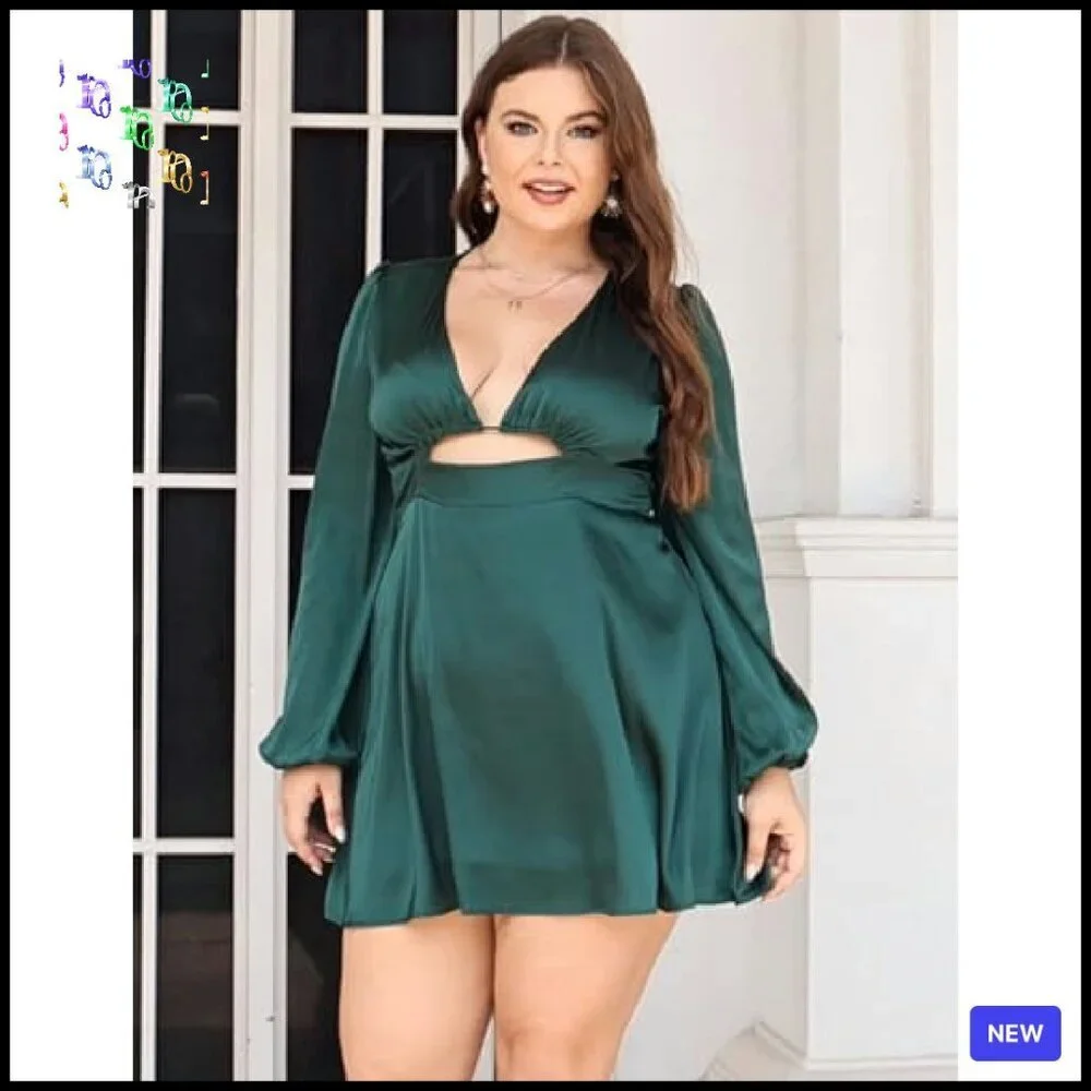 Satin Mini Dress Elegant V-Neck Lantern Sleeve Cut Out Evening Party Wear